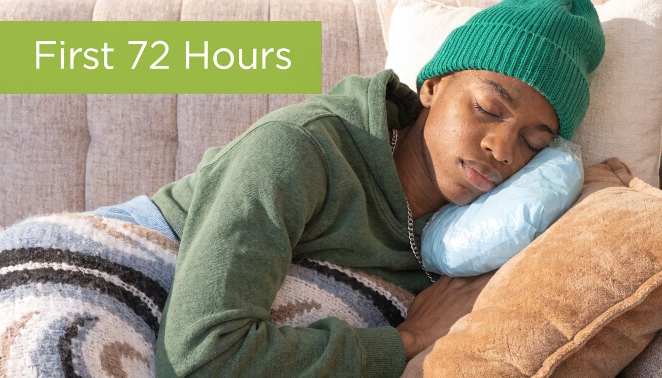 A young person resting on a couch with an ice pack held against their face for recovery.