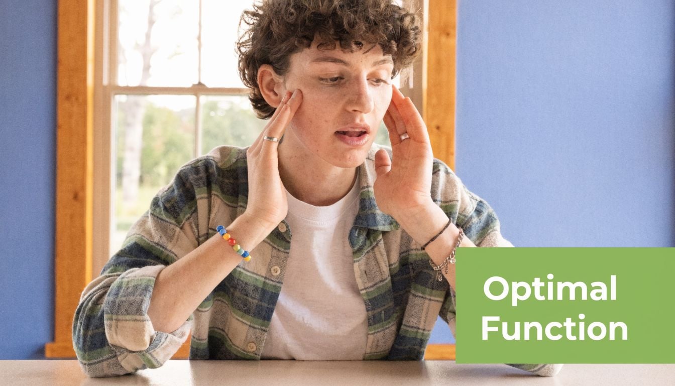 A person with short curly hair rests their hands on their face, resting after jaw surgery.