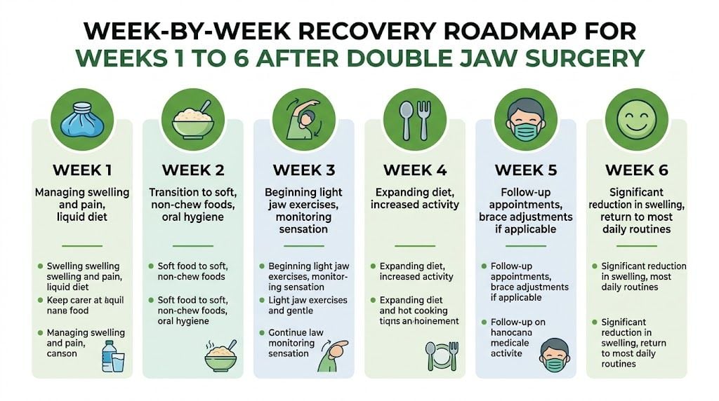 A six-week recovery roadmap infographic detailing post-operative care steps following double jaw surgery for patients.