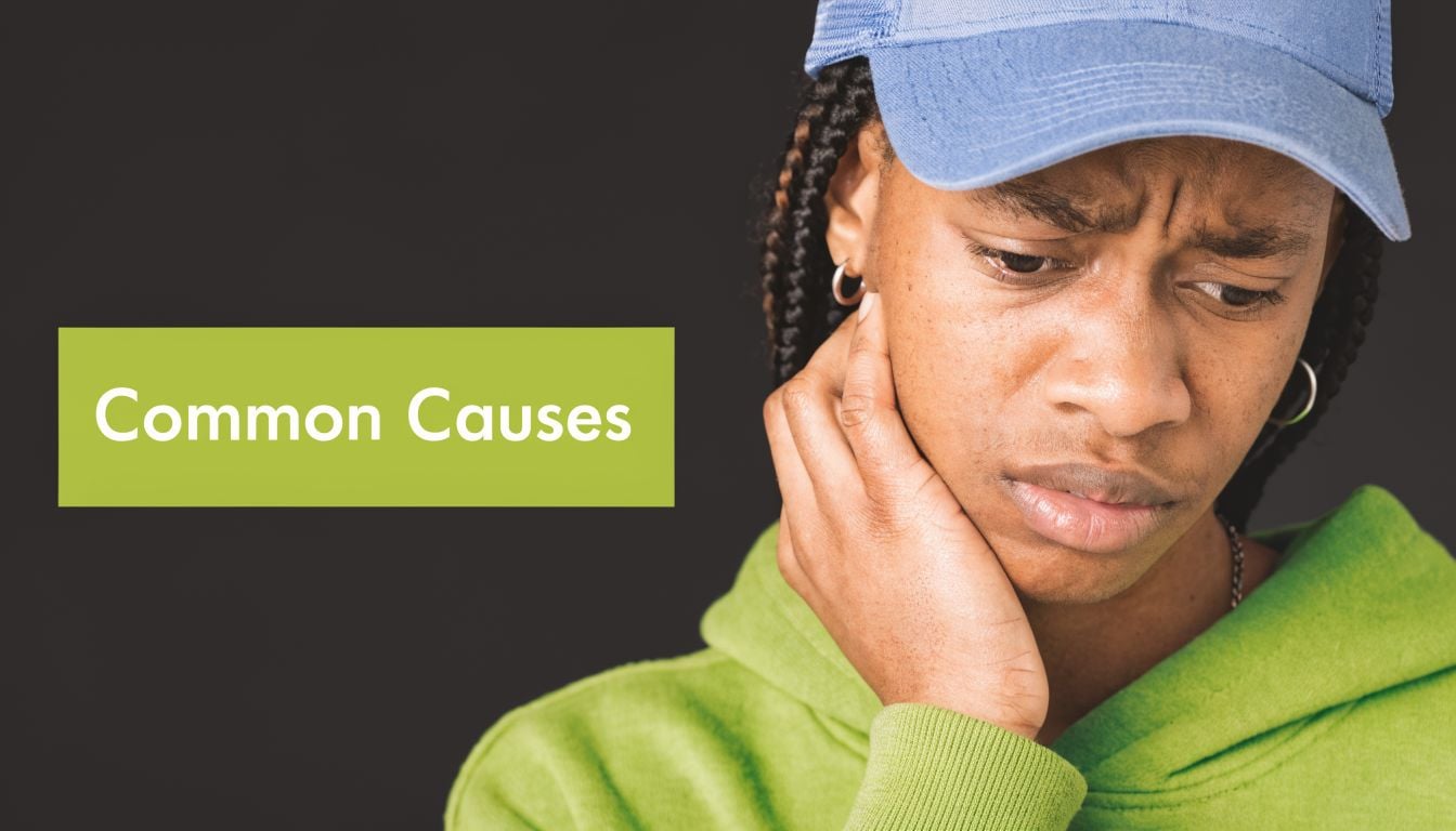 A young person with braided hair and a blue cap holds their face in pain