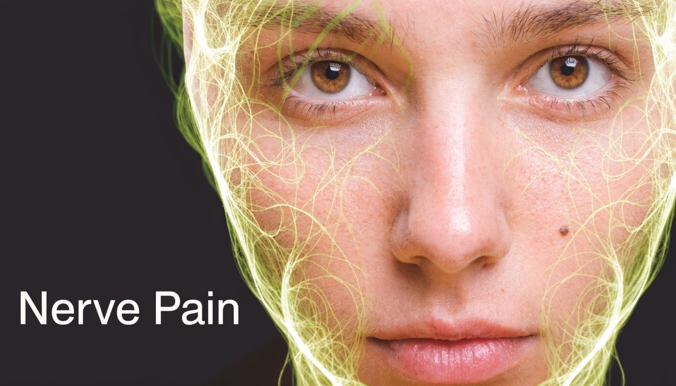 A close-up image of a person's face overlaid with glowing yellow lines representing facial nerve pain.