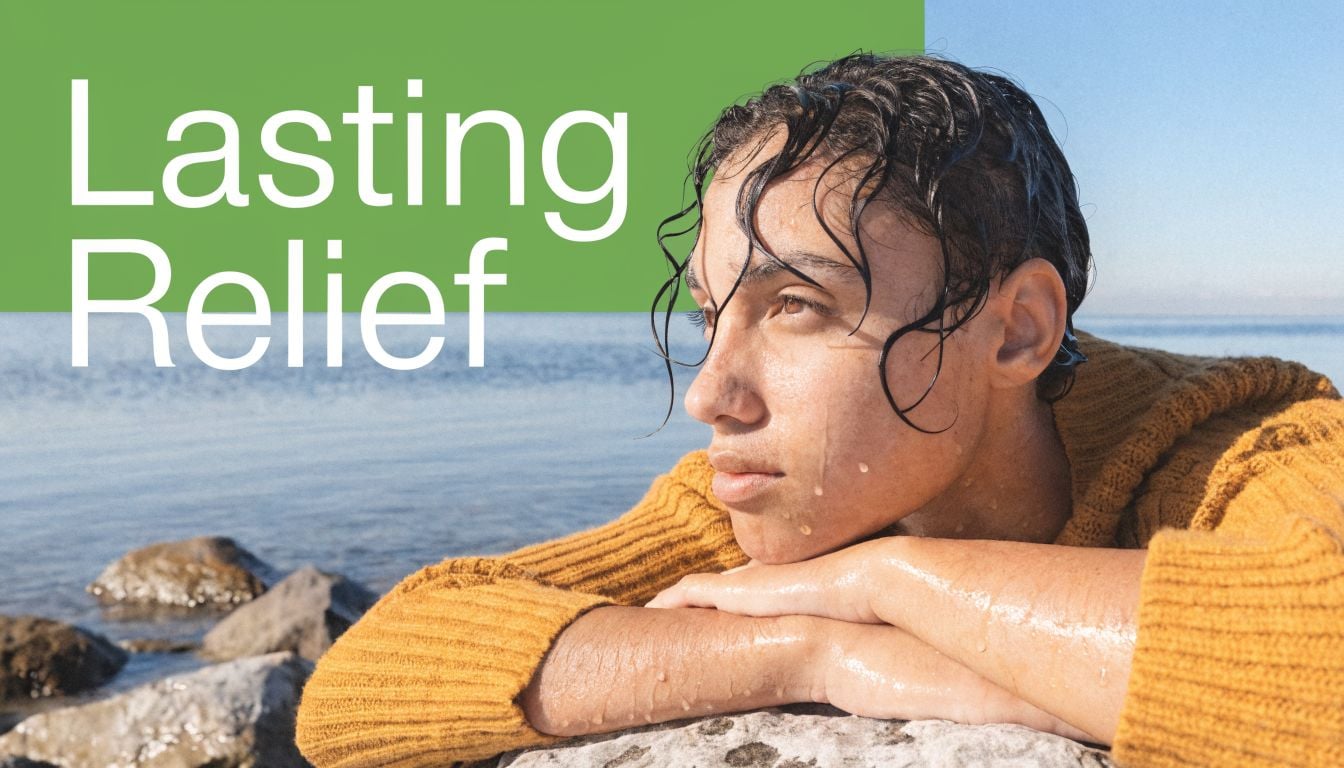 A person with wet, glistening skin resting their chin on their hands while looking out at the ocean.