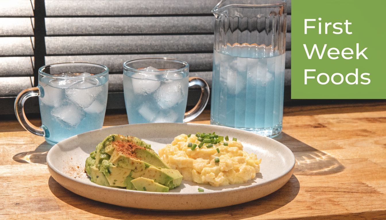A healthy plate of sliced avocado and fluffy scrambled eggs served with refreshing blue iced drinks.