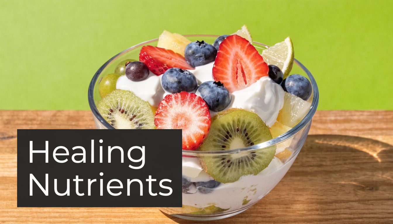 A glass bowl filled with yogurt and fresh fruits like strawberries, blueberries, and kiwi slices.