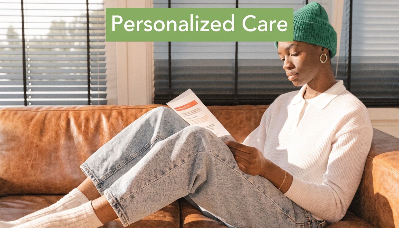 A young woman wearing a green beanie sitting comfortably on a leather couch reading a paper document.