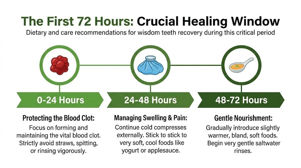 An infographic detailing wisdom teeth recovery steps, including blood clot protection, swelling management, and gentle nutrition tips.