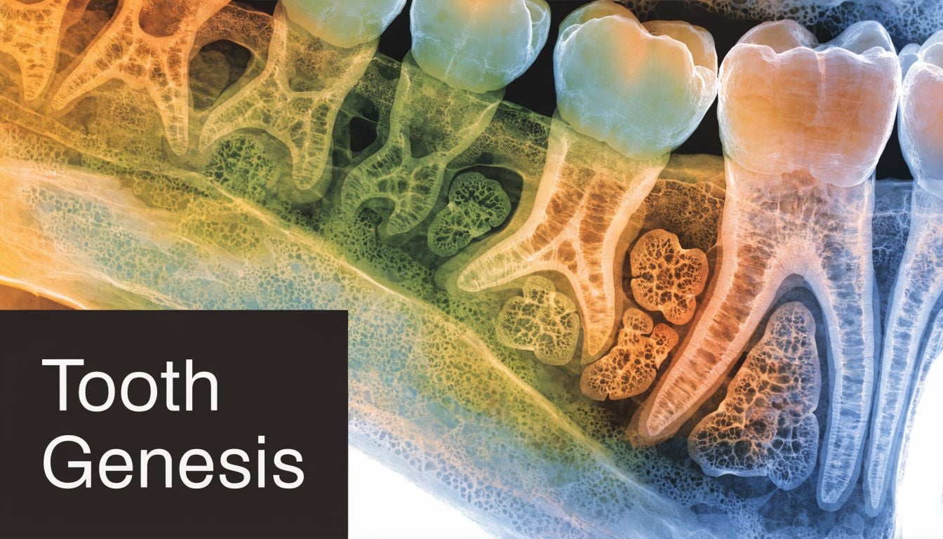 A colorful radiographic panoramic dental X-ray showing the developmental growth stages of human wisdom teeth.