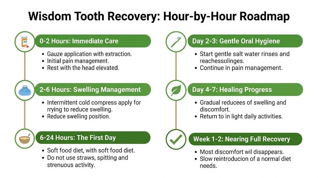 A recovery infographic showing a timeline for wisdom tooth removal from immediate care to full recovery.