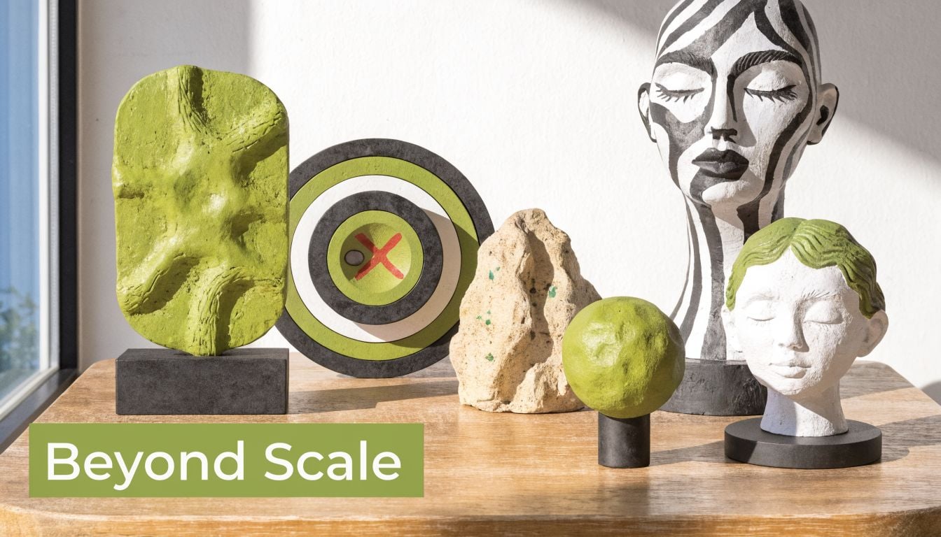 A modern decorative arrangement with abstract sculptures, a target sign, and bust statues on a wooden table.