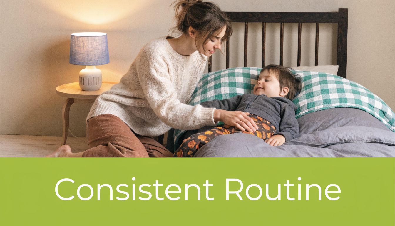 A mother gently tucking her young child into bed to promote a consistent sleep routine.