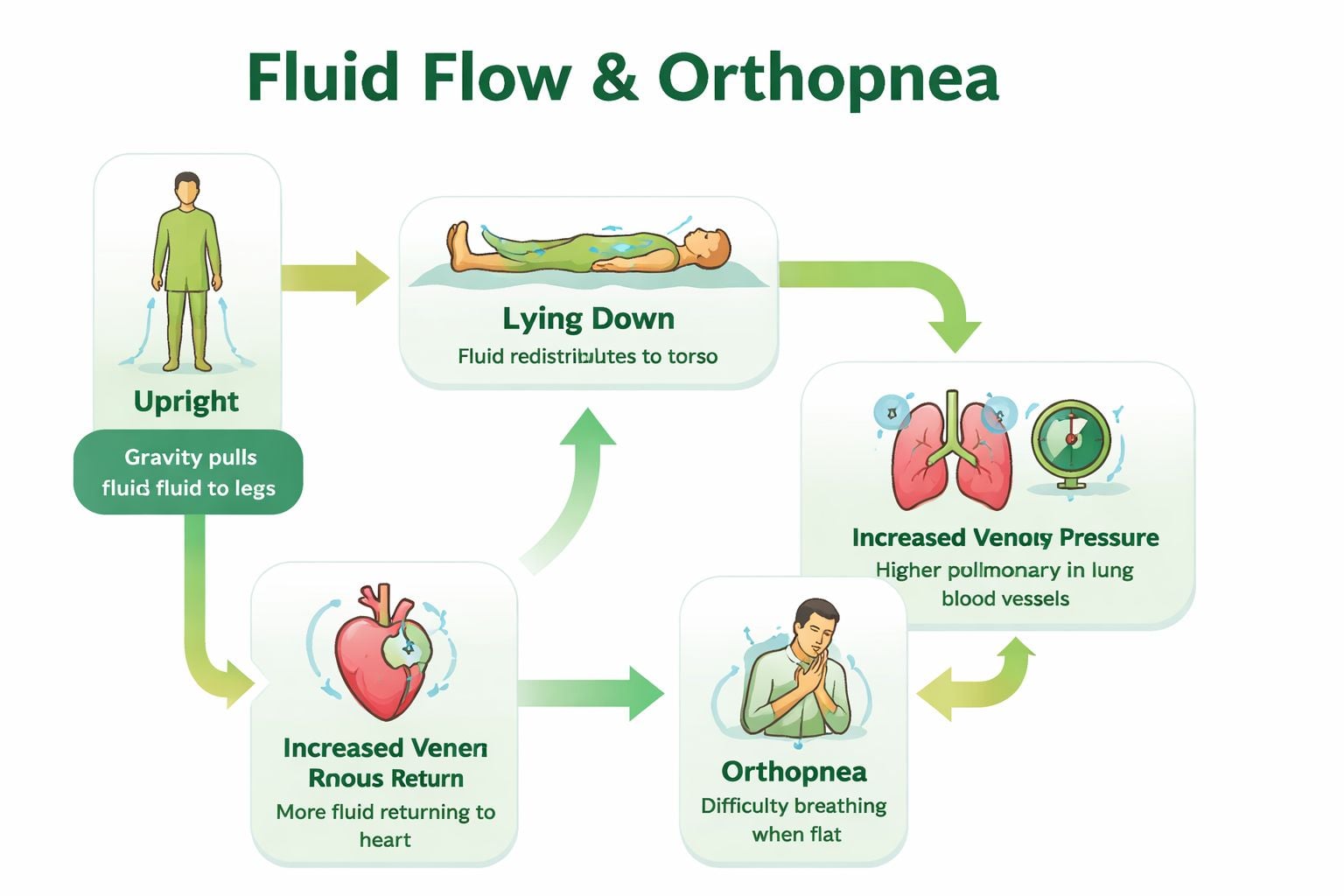 A diagram explaining how fluid redistribution when lying down causes orthopnea and breathing difficulties in patients.