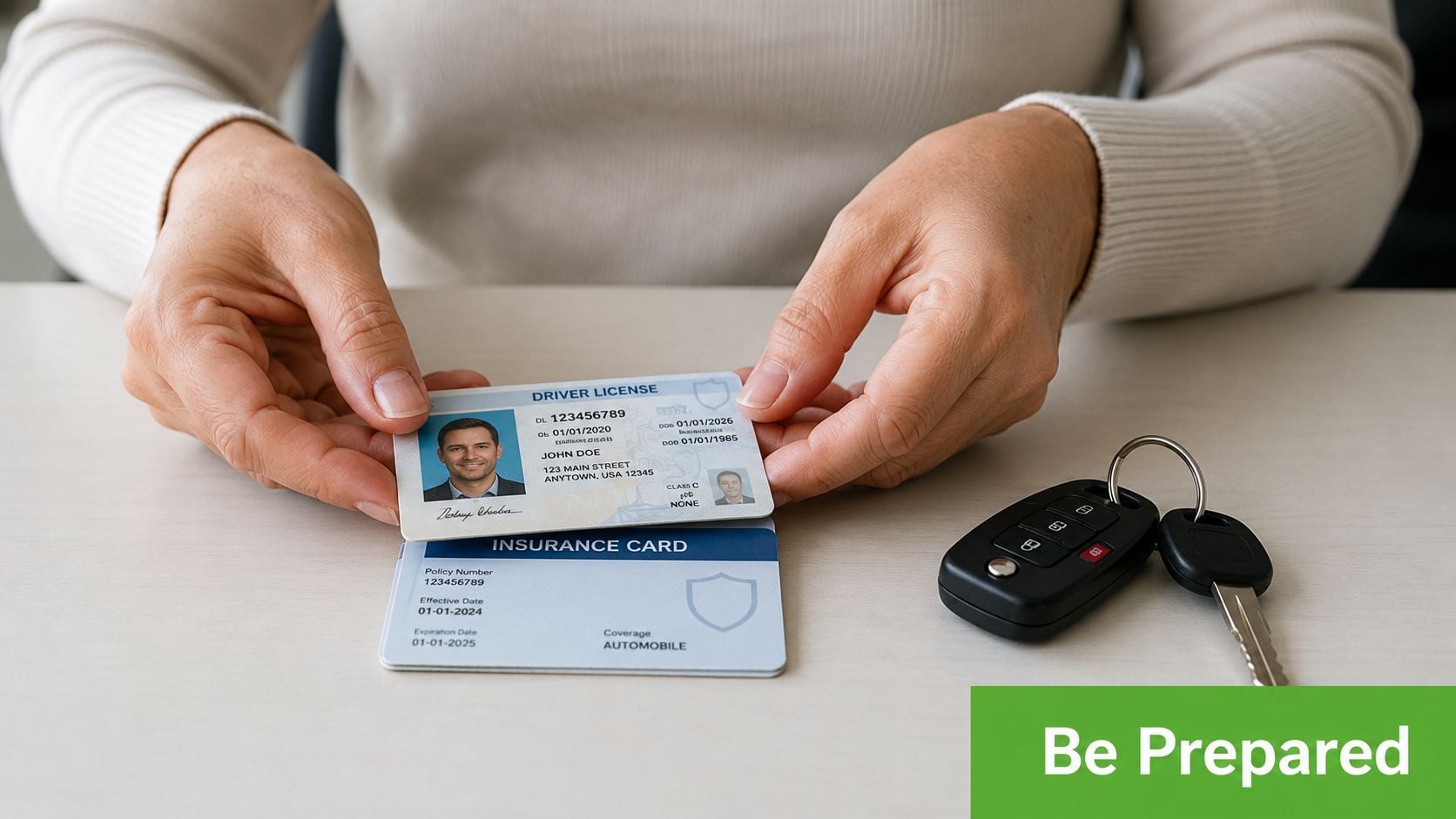 A person holding a driver license over an insurance card with car keys on a table.