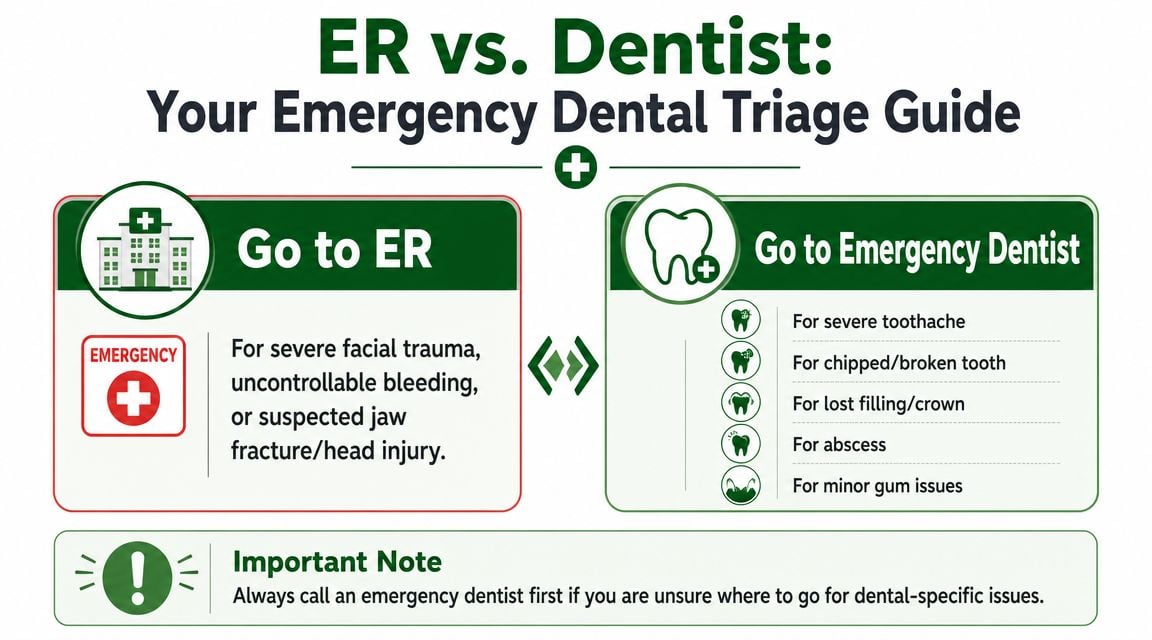 A visual guide illustrating when to seek emergency room care versus visiting an emergency dentist for treatment.