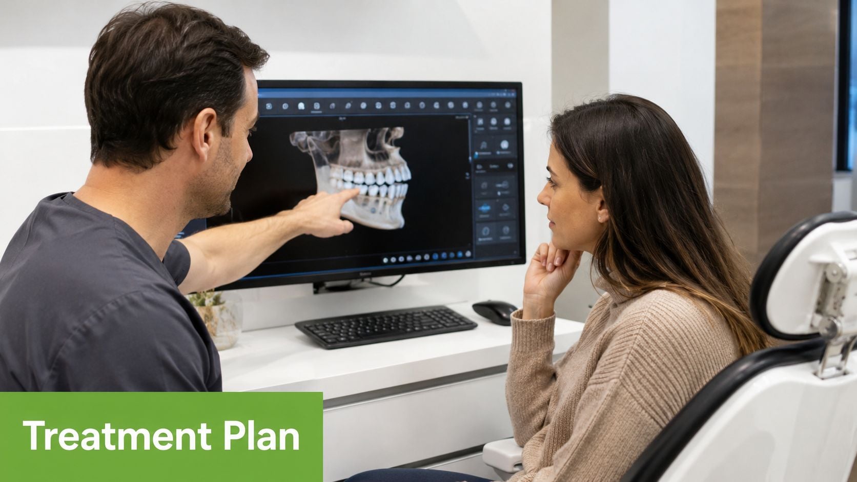 A dentist shows a patient a 3D digital dental scan on a computer screen in a clinic.