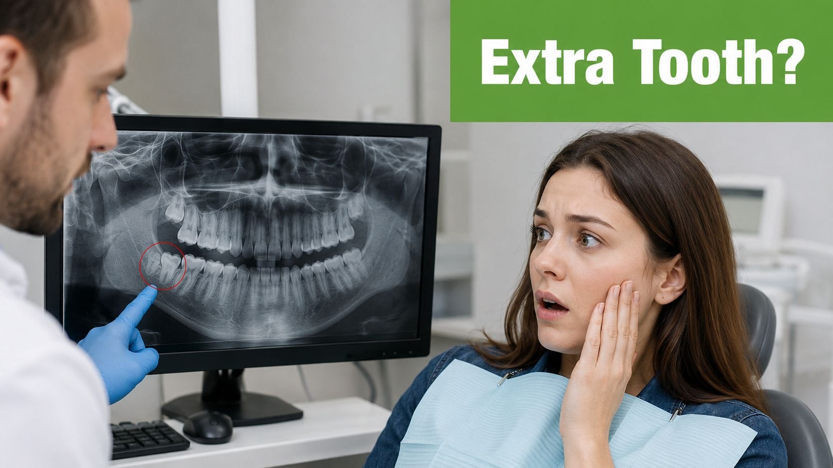 A dentist pointing to an extra wisdom tooth on an X-ray screen while his patient watches concerned.