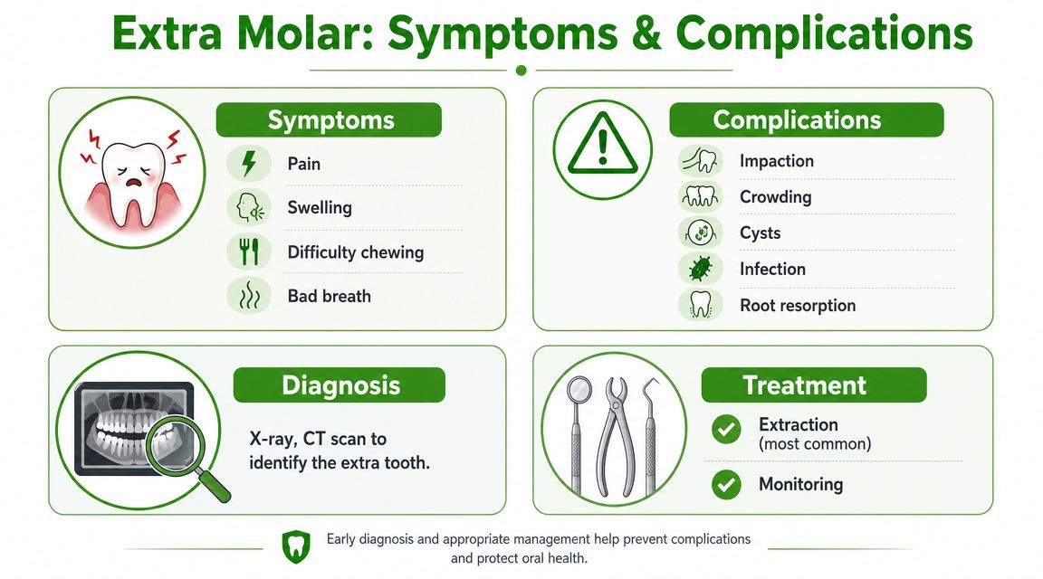 An infographic detailing the symptoms, complications, diagnosis, and treatment options for an extra molar or wisdom tooth.