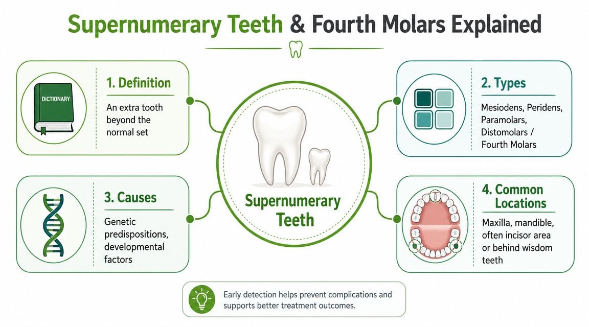 An infographic explaining supernumerary teeth, their types, causes, and common locations within the human mouth.