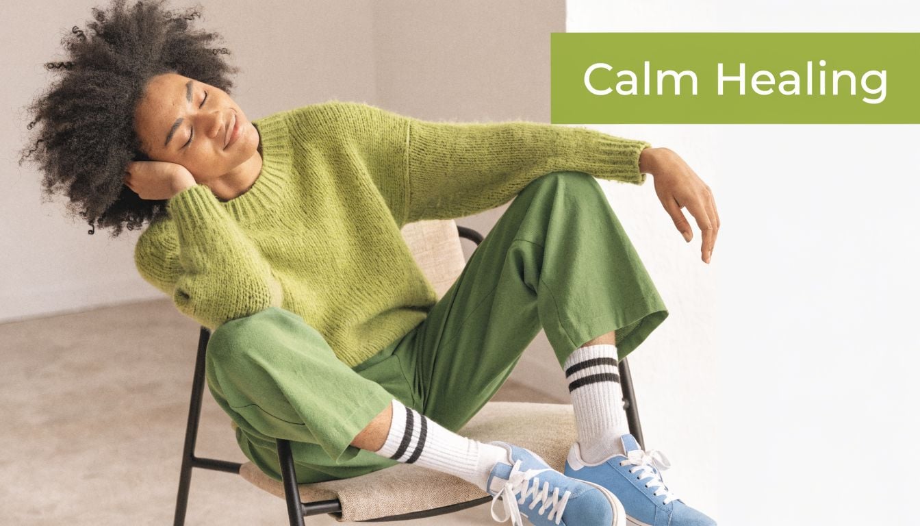 A person with curly hair wearing a green sweater and pants relaxing in a comfortable chair.