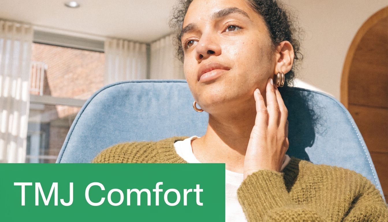 A person sitting in a blue chair gently touching their jaw, suggesting relief for TMJ discomfort.