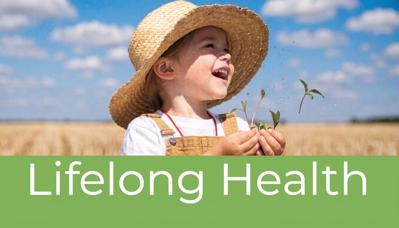 A joyful young child wearing a straw hat holds small plant seedlings in a sunny field.