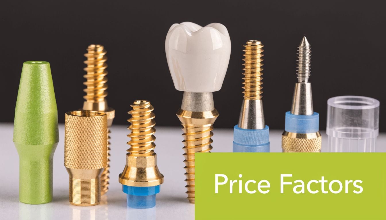 A collection of various dental implant components and crowns arranged for a discussion on treatment costs.