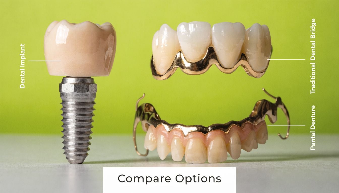 A display showing three dental restoration options including a single dental implant, a traditional bridge, and a partial denture.