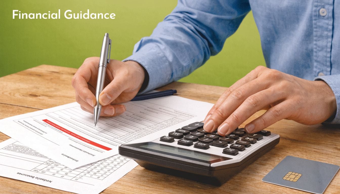 A person reviewing financial documents and using a calculator while holding a pen at a wooden desk.