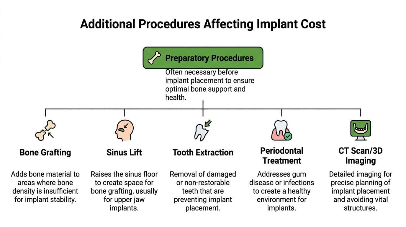 A diagram illustrating preparatory dental procedures that may impact the total cost of dental implants.