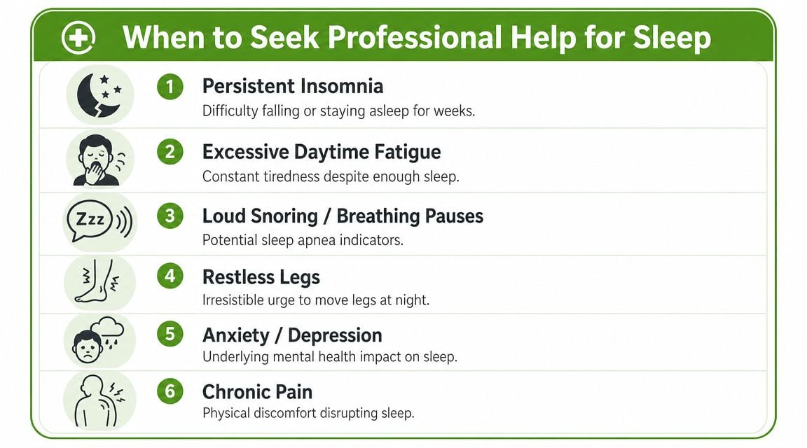 An infographic titled When to Seek Professional Help for Sleep outlining six common sleep-related health issues.