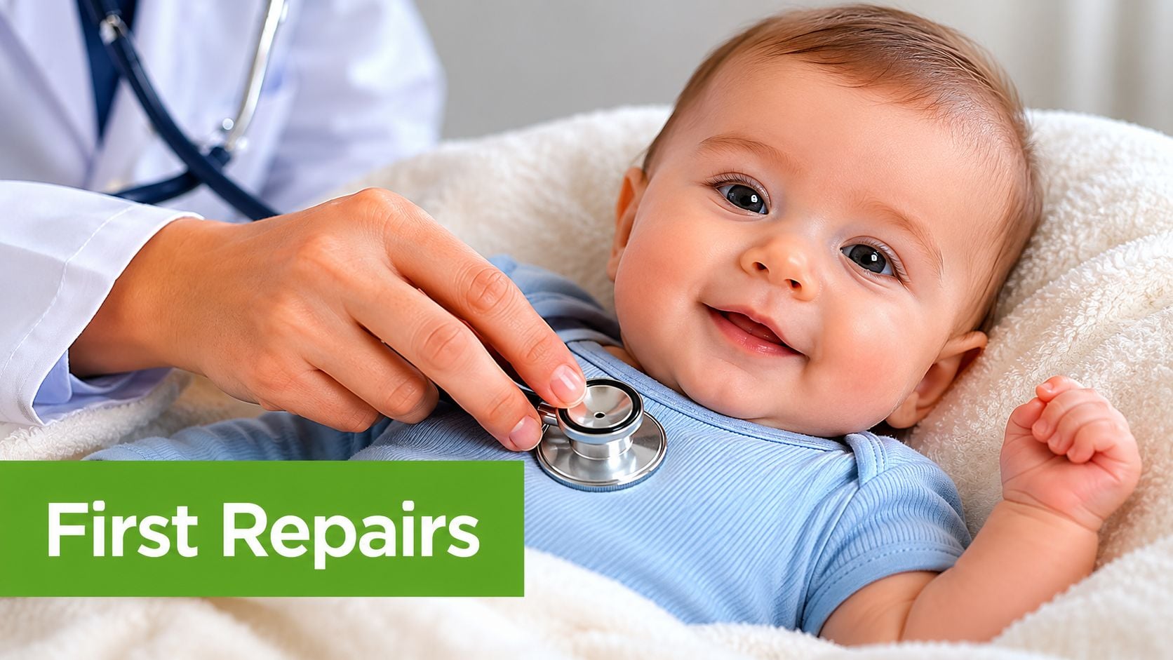 A doctor uses a stethoscope to examine a happy baby lying on a soft white blanket.