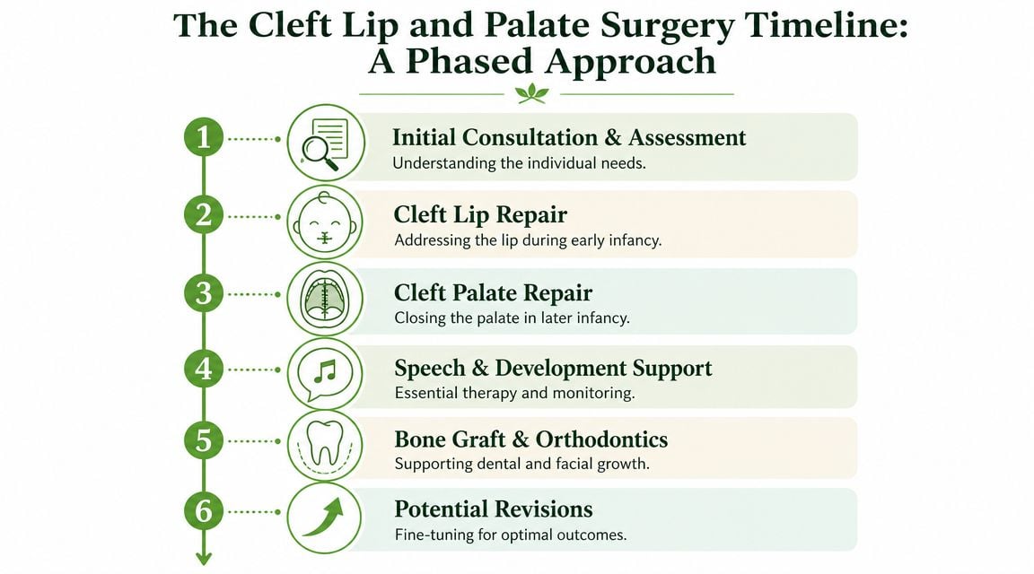 A diagram outlining the six-step phased surgical timeline for treating patients with cleft lip and palate conditions.