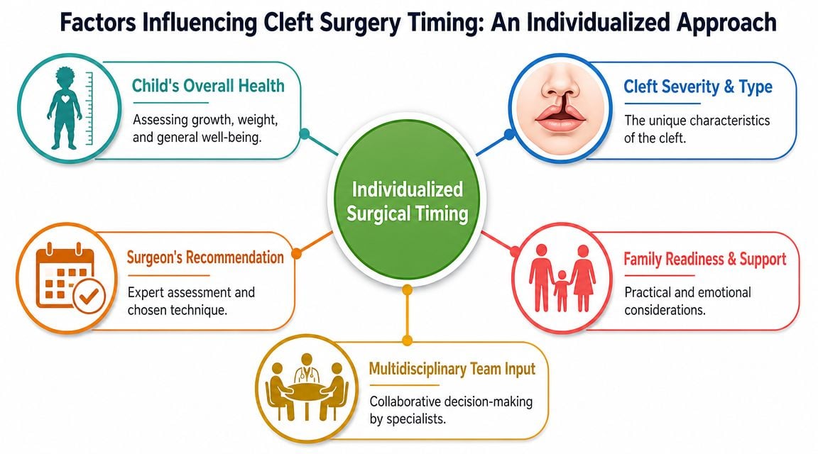 A diagram explaining factors that influence the individualized timing of cleft lip and palate surgery.