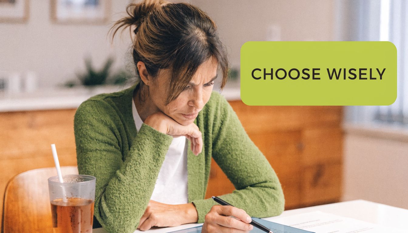 A focused woman sitting at a table thoughtfully considering documents while holding a black pen.