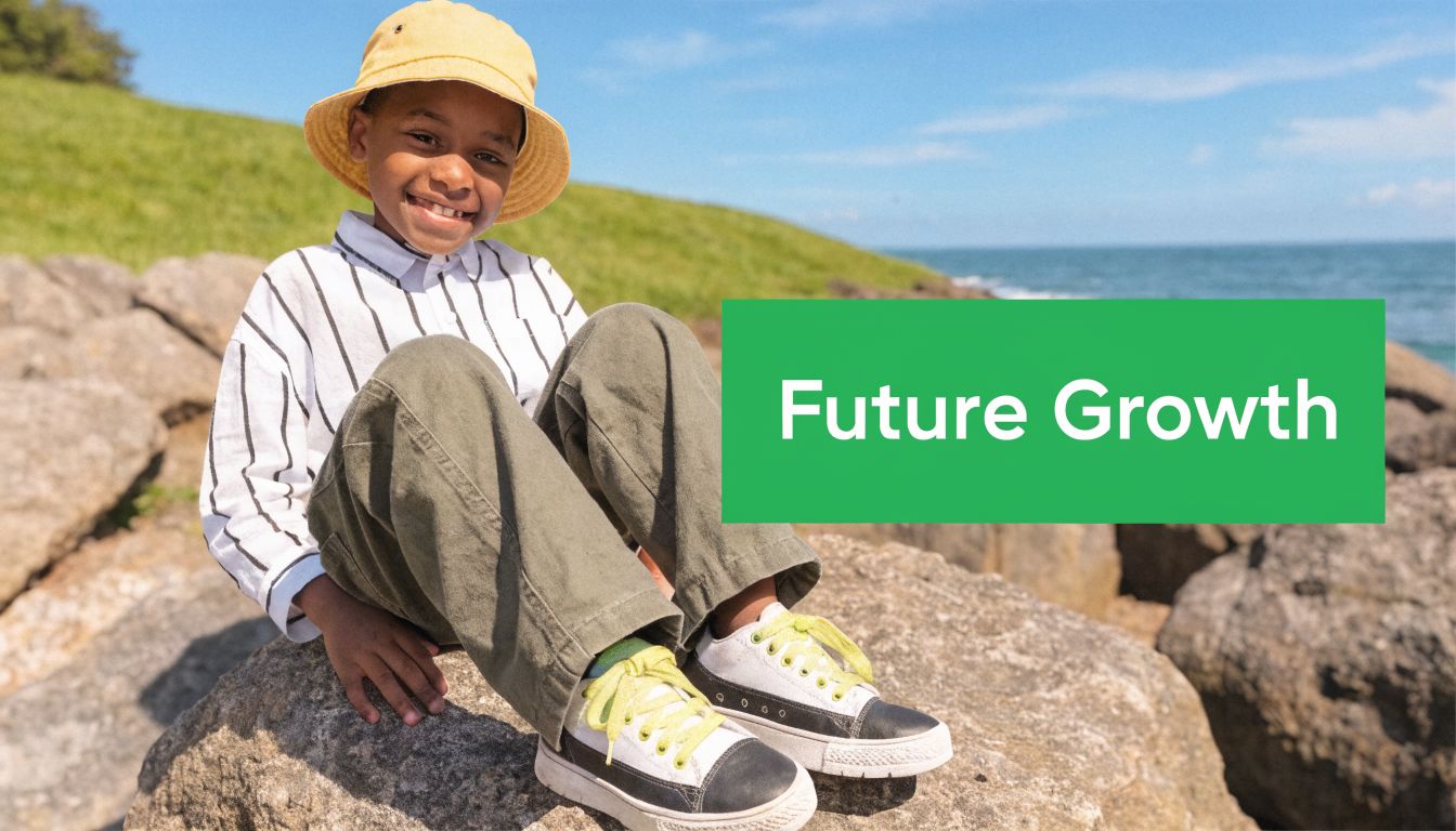 A happy child sitting on a large rock outdoors wearing a bucket hat and striped shirt.