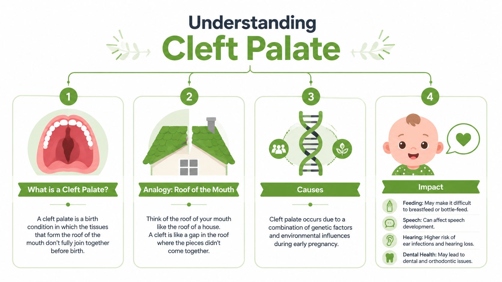 An educational infographic explaining the definition, analogy, causes, and impacts of a cleft palate condition.