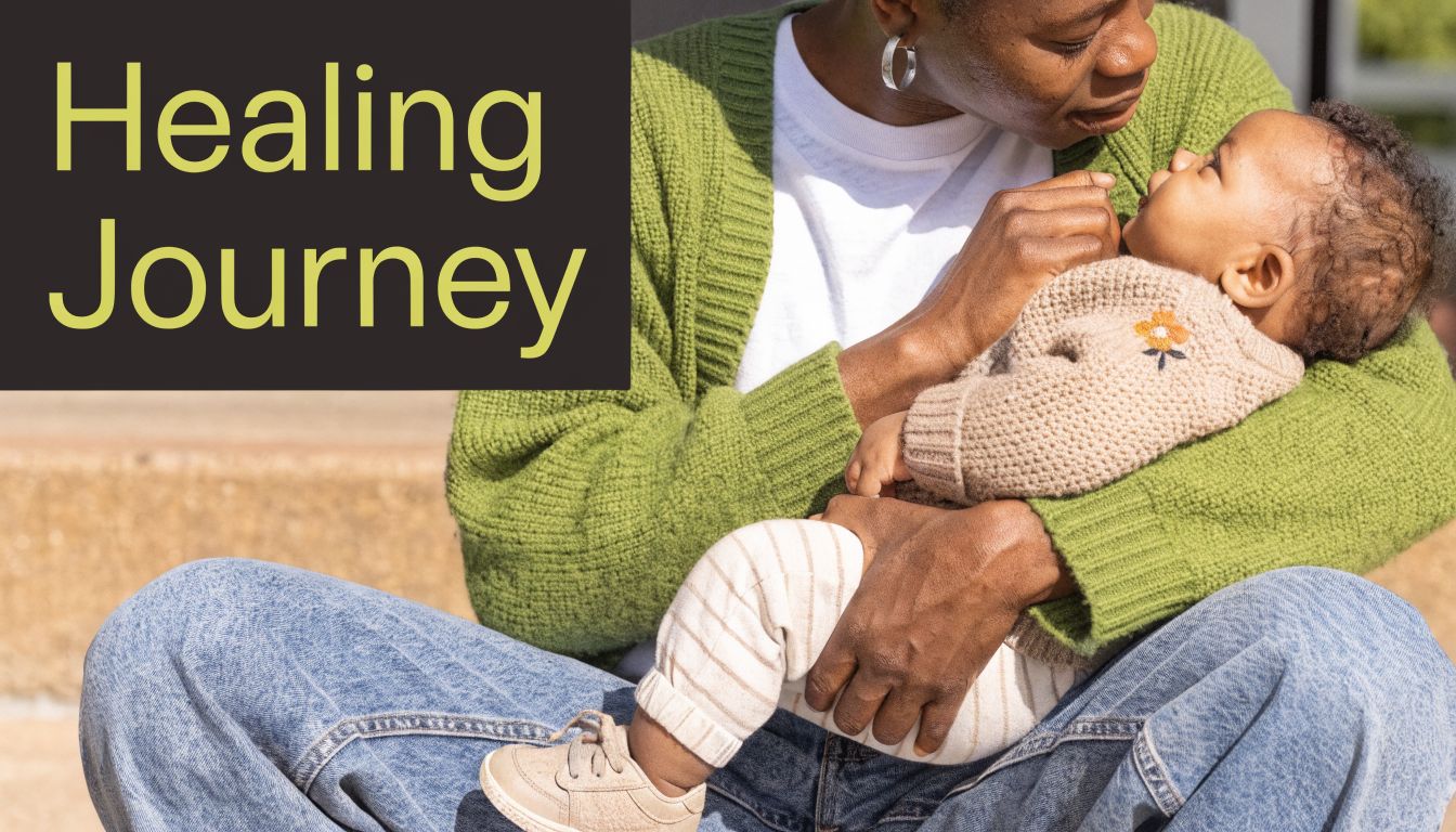 A nurturing mother holding her baby closely in her arms while outdoors, symbolizing a positive healing journey.