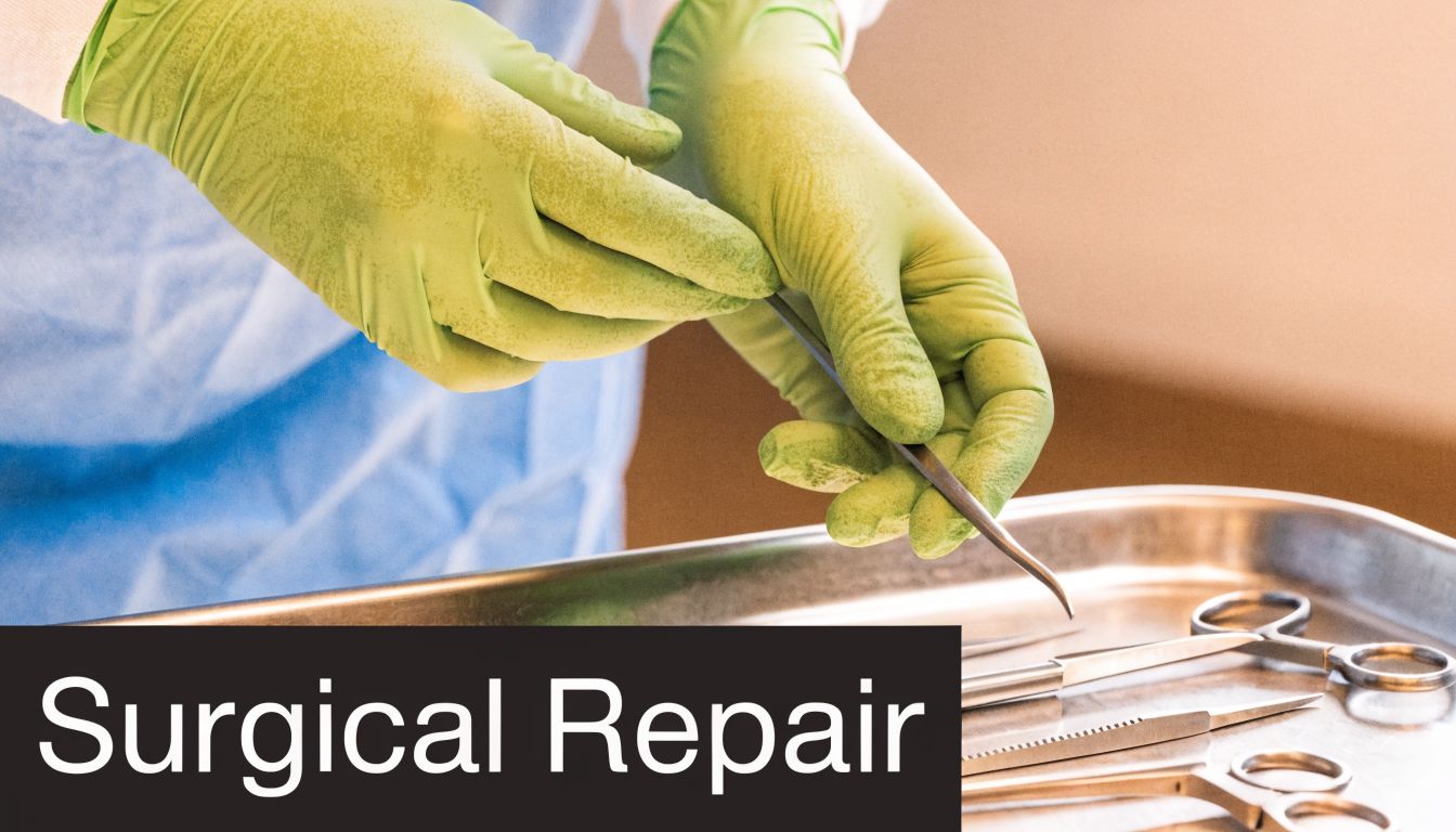 A surgeon wearing sterile green gloves prepares a sharp medical instrument from a metal surgical tray.