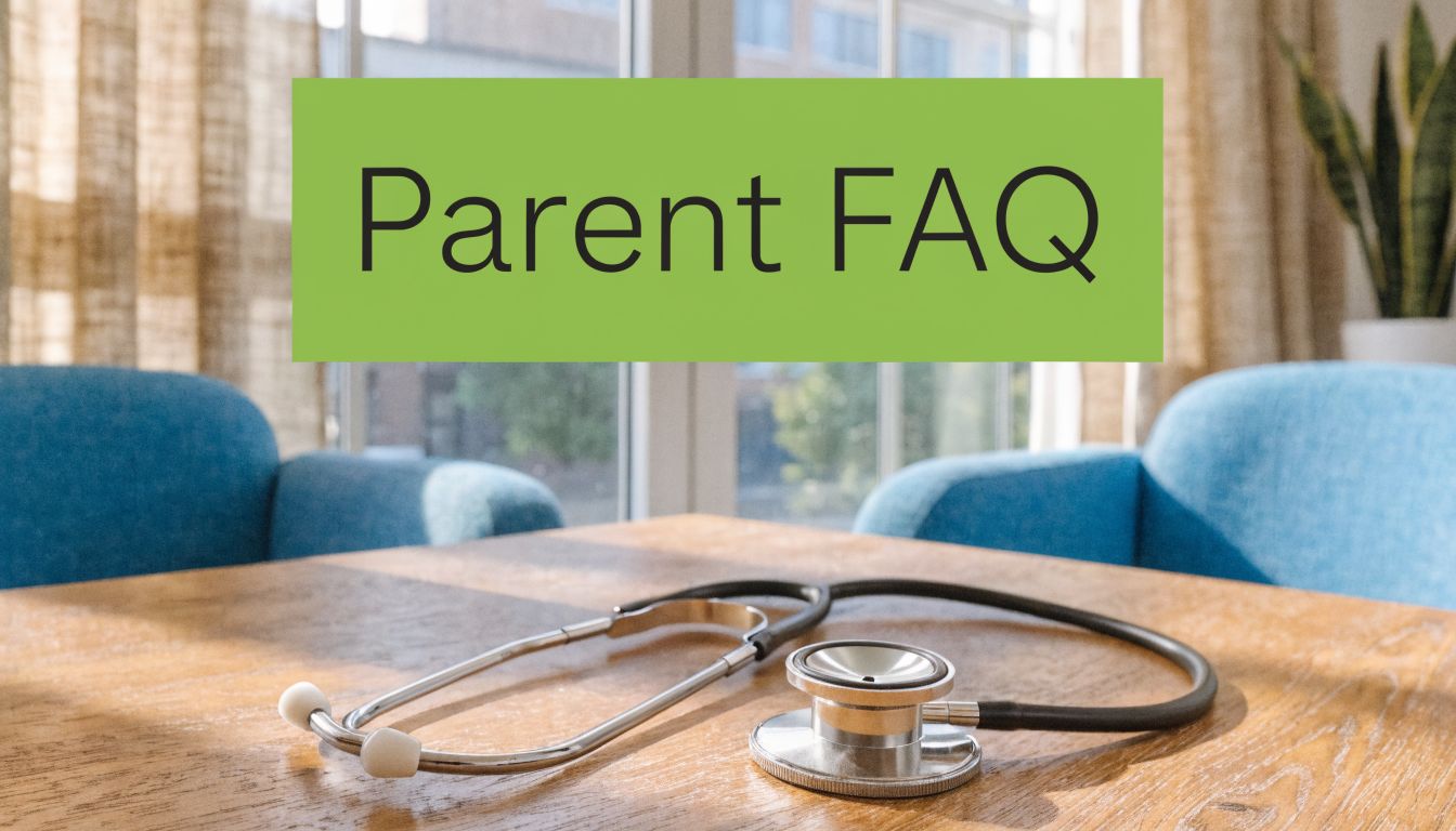 A stethoscope rests on a wooden table in a medical office setting with a Parent FAQ sign.