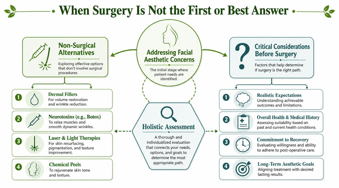 An infographic titled When Surgery Is Not the First or Best Answer detailing aesthetic treatment considerations.