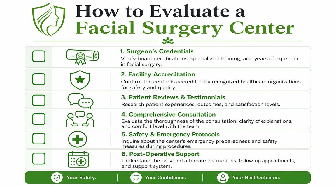 An infographic titled How to Evaluate a Facial Surgery Center, listing six essential steps for patient safety.