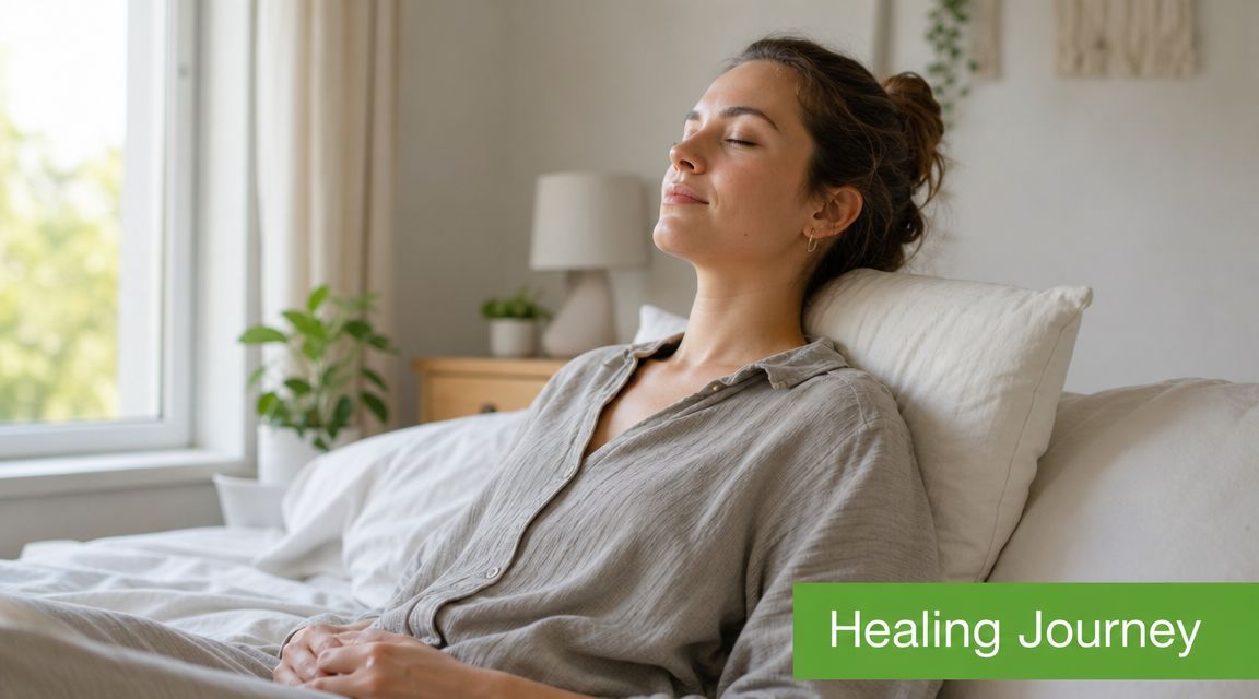 A young woman resting comfortably in bed with her eyes closed, promoting a sense of healing.