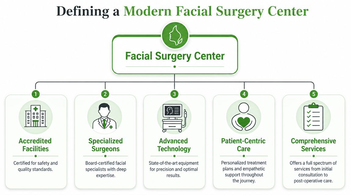A diagram defining a modern facial surgery center with five key elements including facilities, surgeons, and patient care.