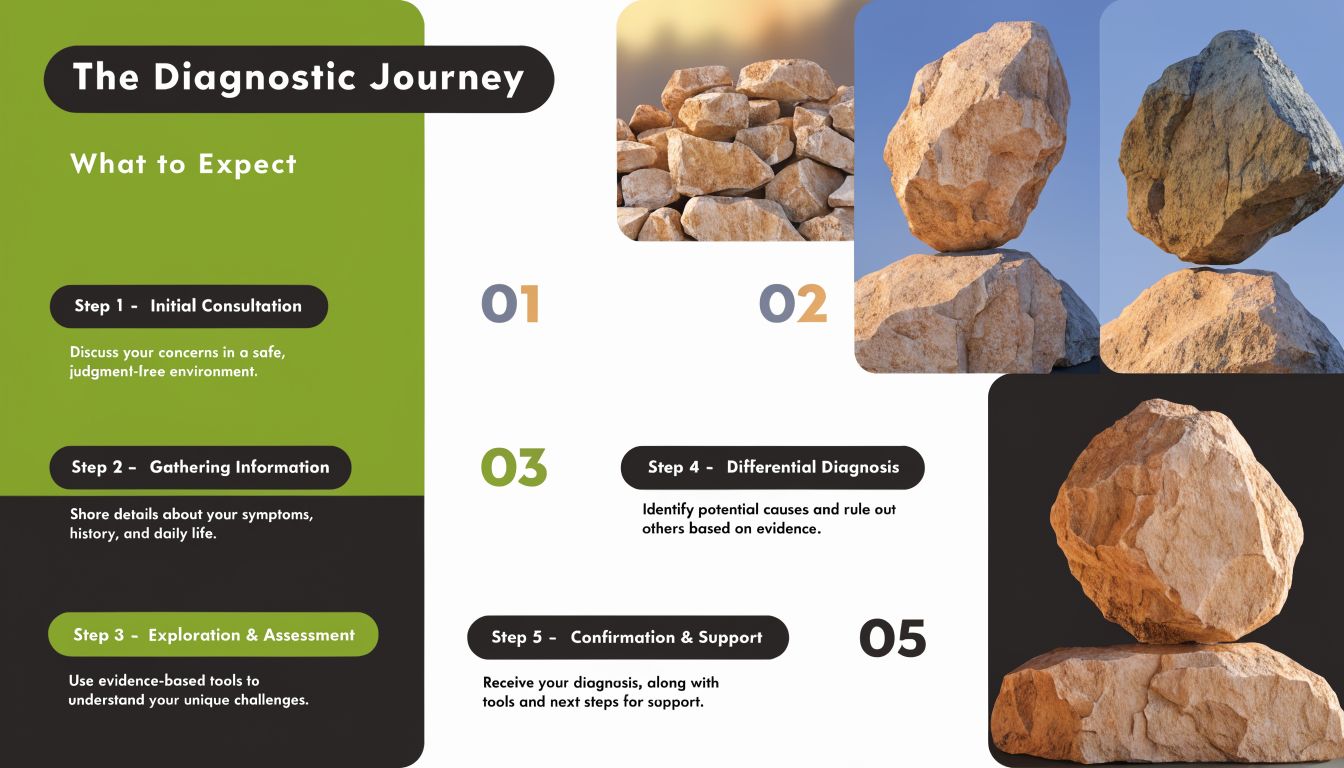A flowchart infographic titled The Diagnostic Journey, outlining five steps of a clinical assessment process.