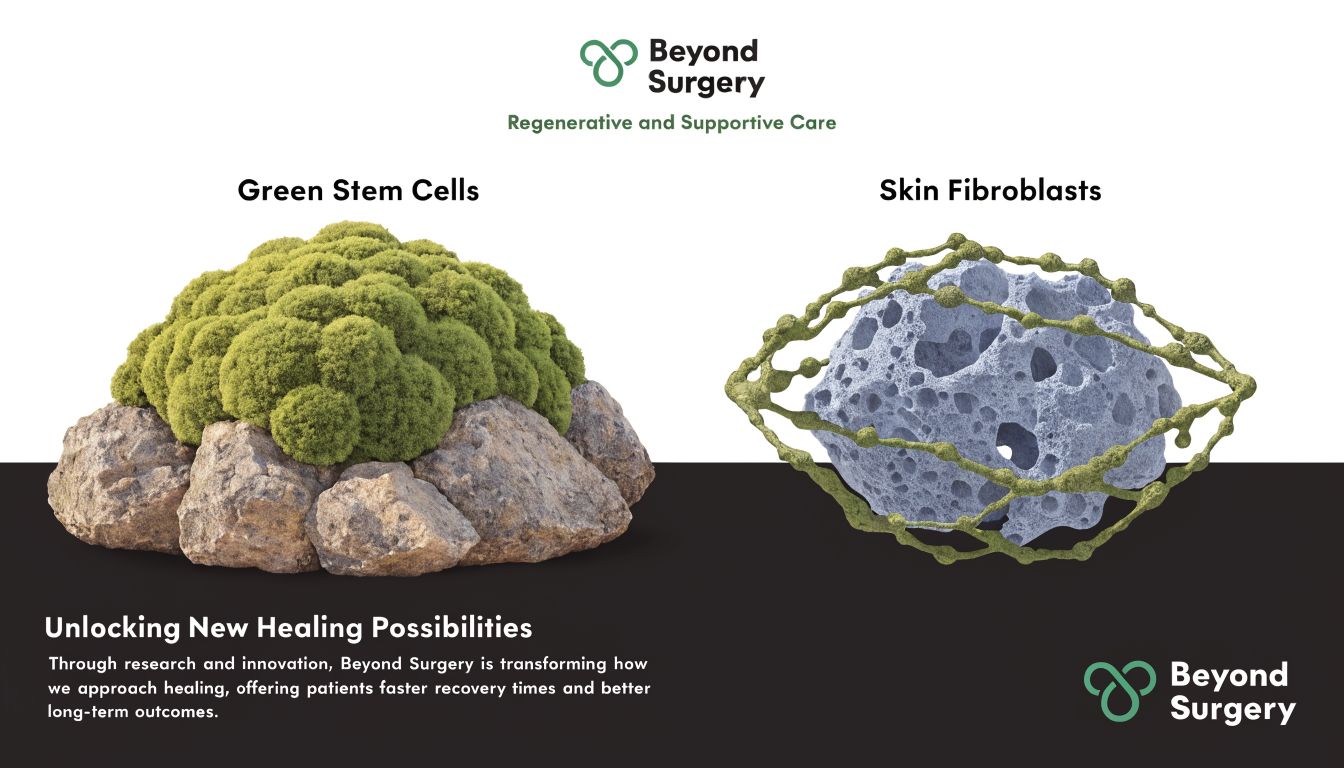 Visual comparison of green moss-like stem cells and a structured fibrous mesh representing skin fibroblasts for healing.