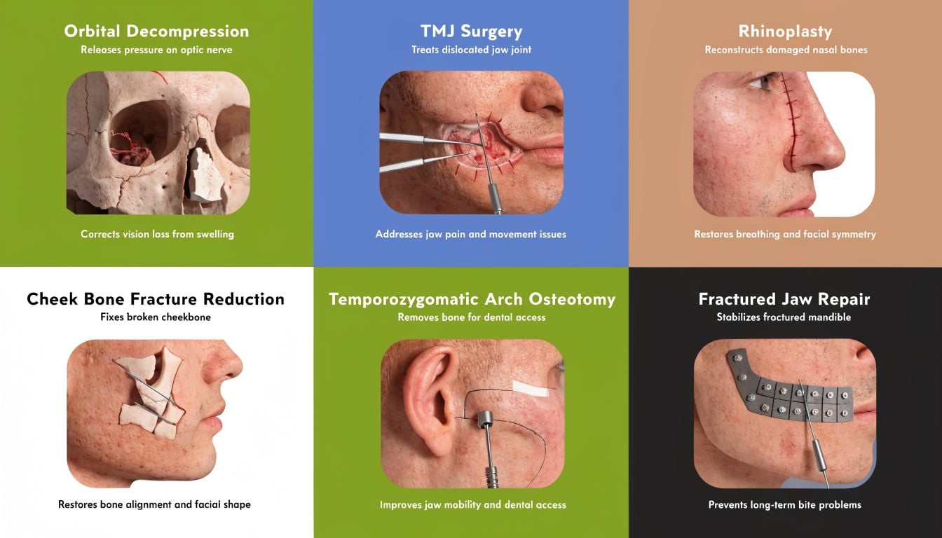 A graphic showing six different facial trauma surgical procedures including bone reconstruction and jaw repair techniques.