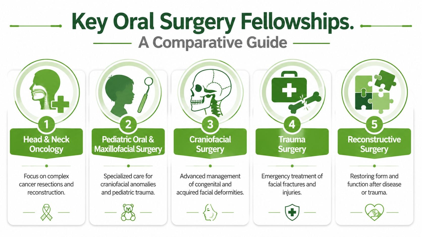 An infographic titled Key Oral Surgery Fellowships outlining five major specialties including oncology, pediatric, craniofacial, trauma, and reconstructive surgery.