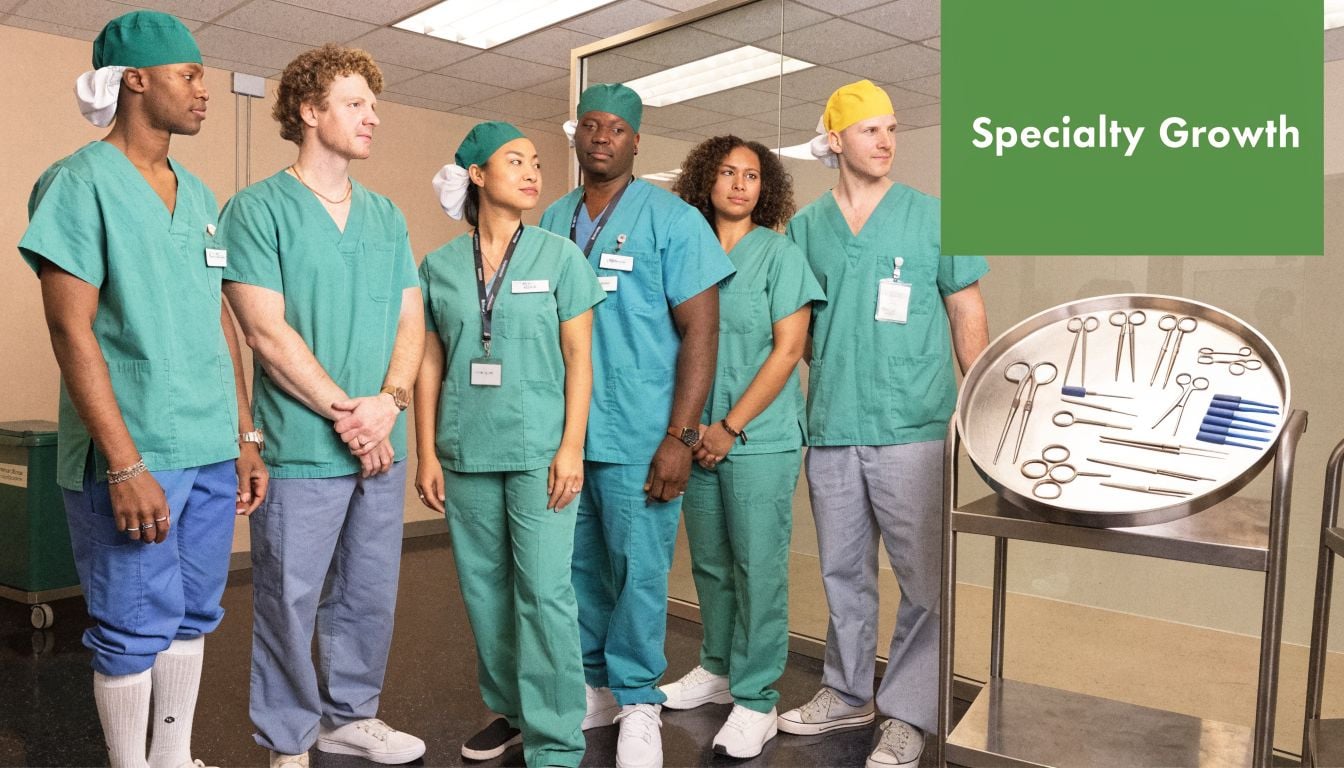 A diverse group of surgical residents in scrubs standing beside a metal tray of medical instruments.