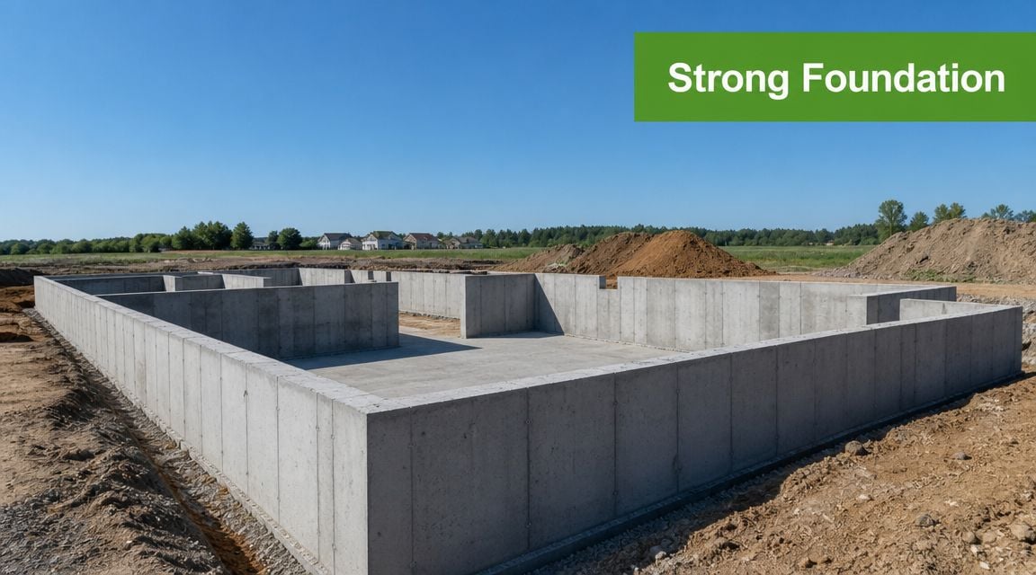 A freshly poured concrete foundation for a new residential home construction project under a clear sky.