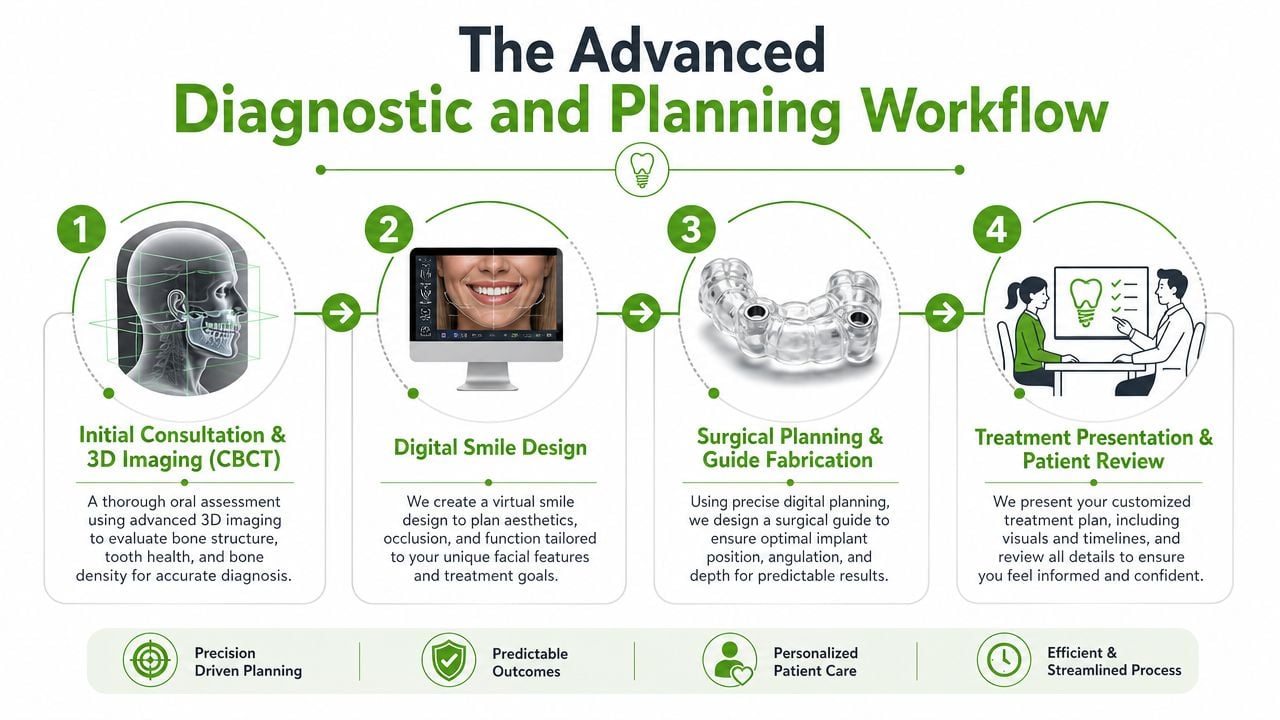 A four-step infographic illustrating the advanced diagnostic and planning workflow for dental implant procedures.