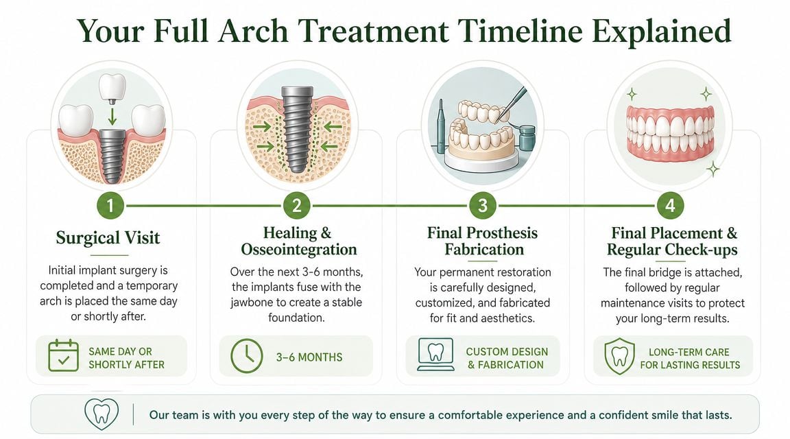 A four-step infographic illustrating the dental procedure timeline for full arch dental implant restoration and recovery.